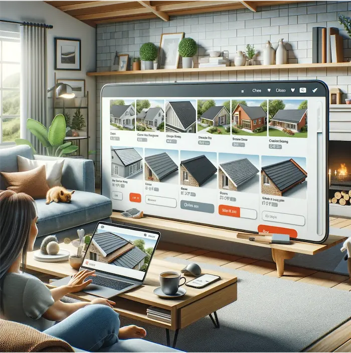A woman browsing various roofing options on a digital interface displayed on a large screen in a cozy home setting, highlighting the Choose Your Own Roofing's user-friendly online tool.