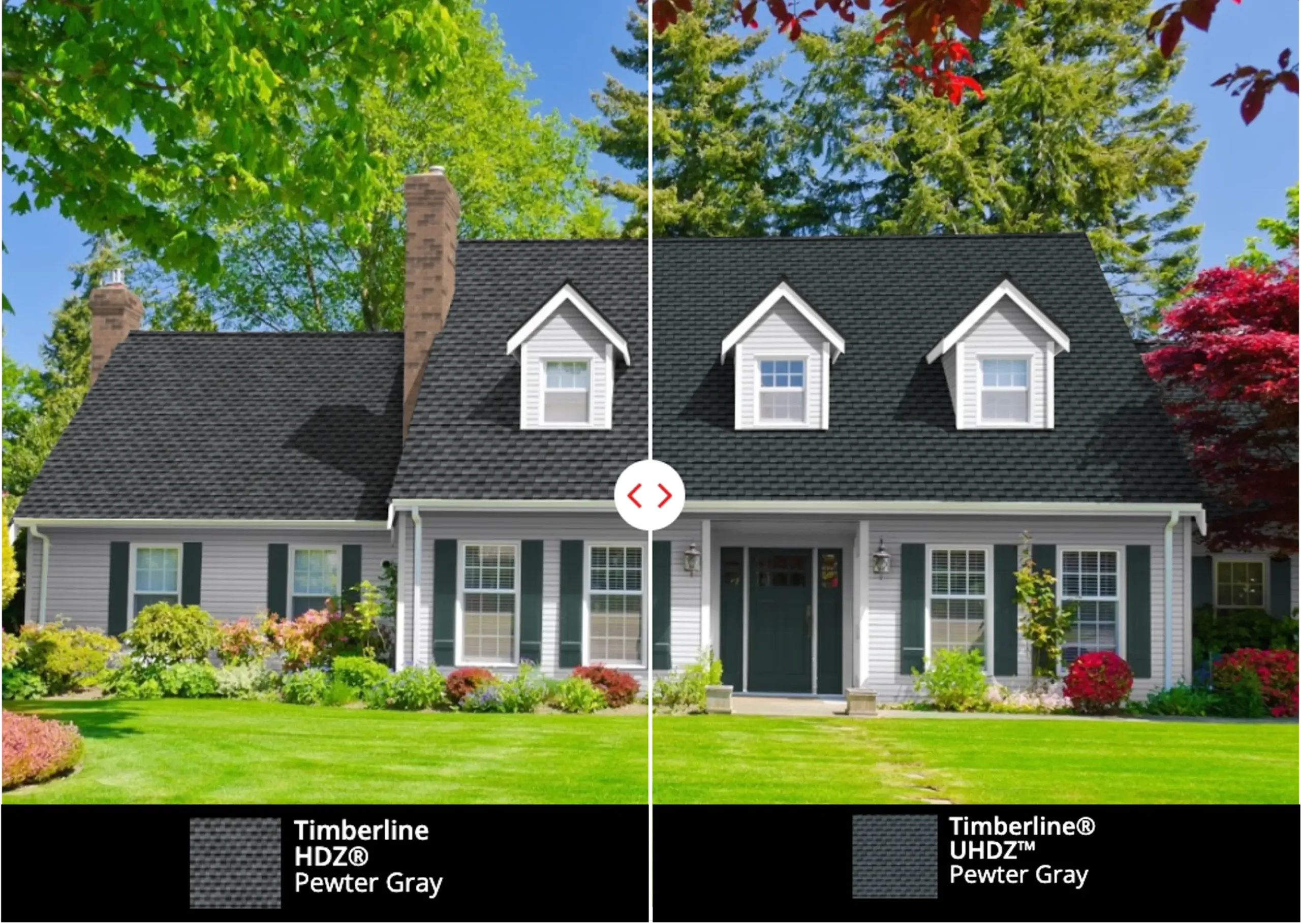 Comparison of Timberline HDZ and UHDZ shingles on same house, showcasing the differences in shingle appearance and design